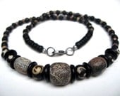 Mens tribal necklace, fossil mammoth bone beads, 50,000 years old, with batiked bone beads, stone beads, wood and coconut beads, handmade