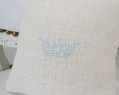 Crown embroidered pincushion, natural linen pincushion with blue embroidered crown