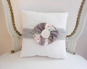 Decorative pillow, linen pillow,  floral fabric flower with mother of pearl button