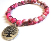 Pink Magnesite Beaded Bracelet with Silver Tree of Life