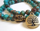 Turquoise Magnesite Beaded Bracelet with Gold Tree of Life