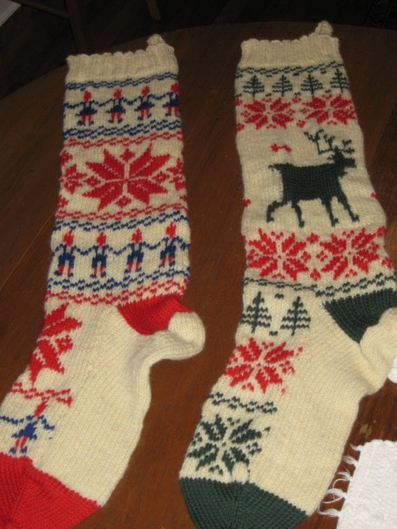 Knit Christmas Norwegian Stocking Set Vintage Knitting by
