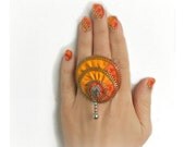 Two-tone zipper ring, hand painted, yellow and orange, rainbow jewelry, ring silver plated- adjustable, eco friendly, recycled jewelry,