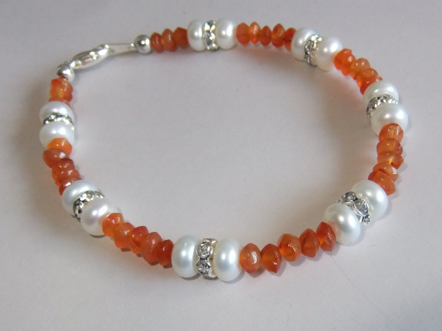 Carnelian, Pearl, and Rhinestone Bracelet