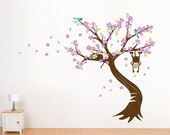 Blowing Cherry Blossom Tree with Monkeys, Butterflies and Birds, Monkey Tree Wall Decal with Birds for Baby Nursery, Childrens or Kids Room