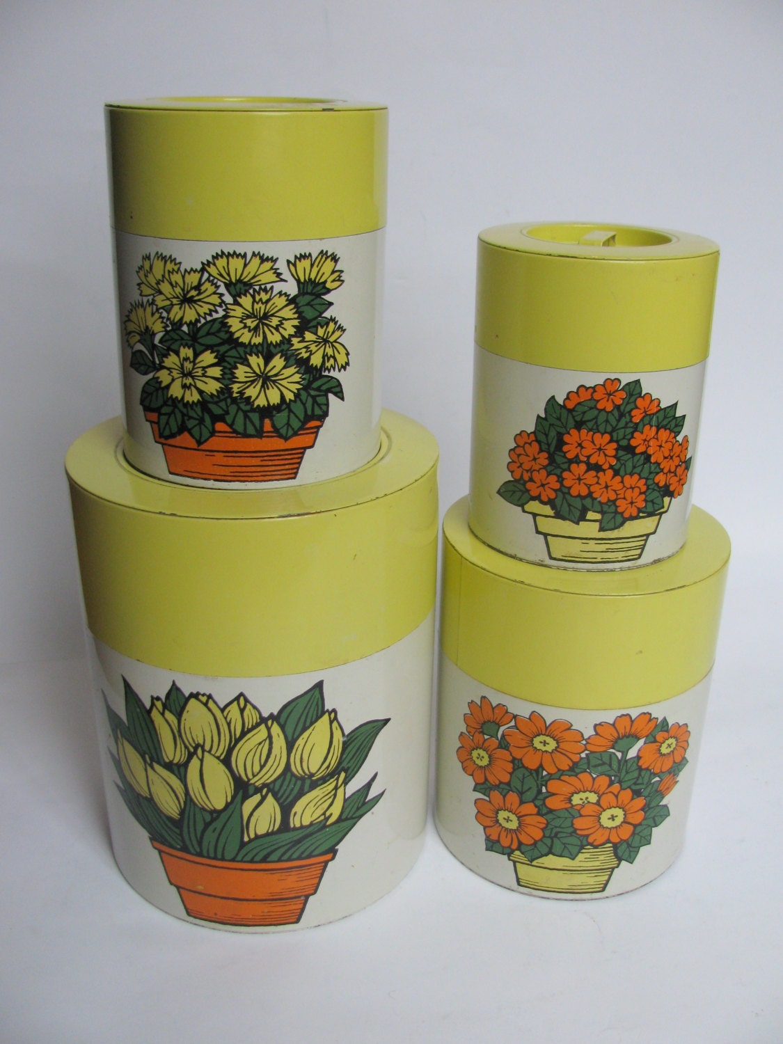 Vintage Yellow and Orange Flowers Metal Nesting Canister Set