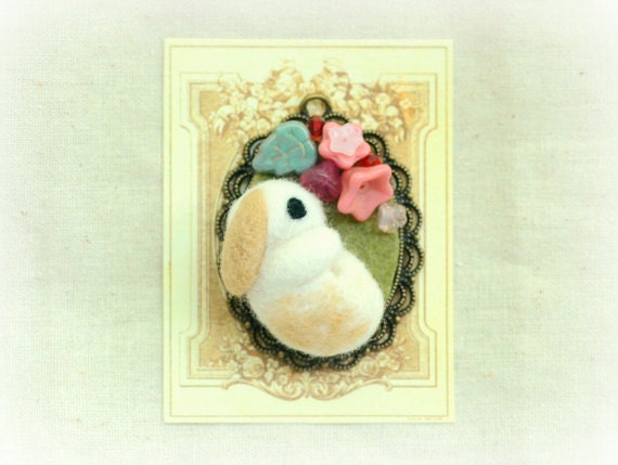 Needle felted bunny rabbit necklace / pendant , bunny with red and pink flowers, whimsical jewelry