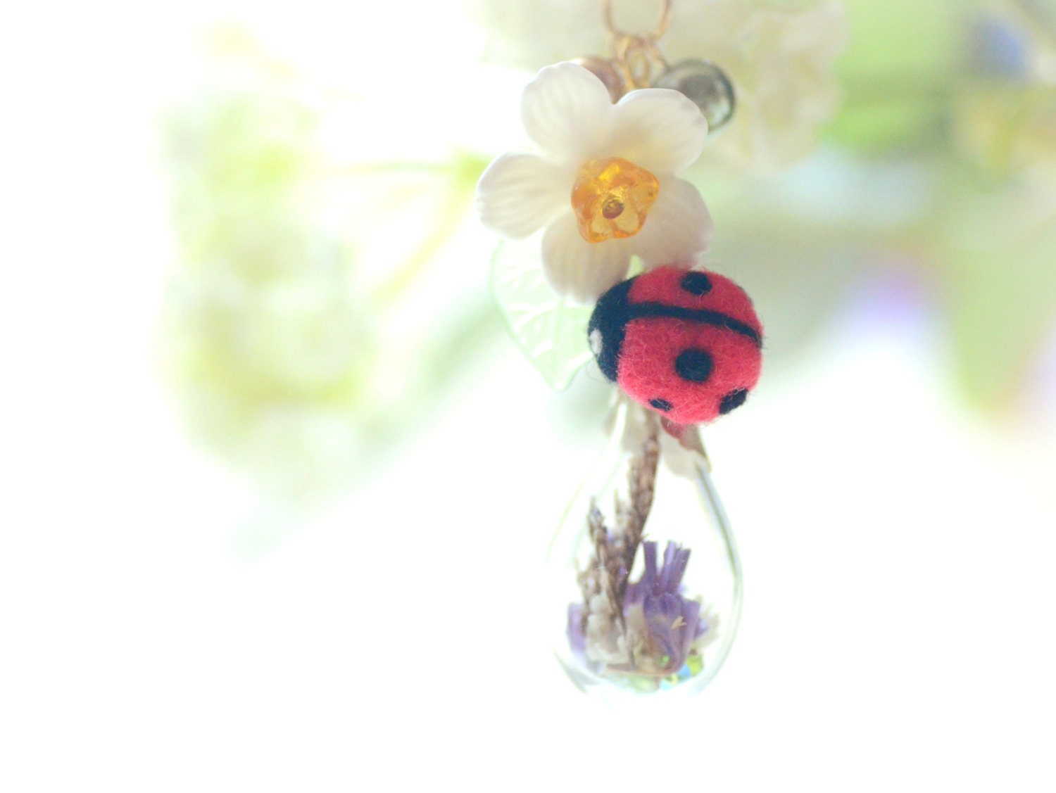 Ladybug on water drop necklace, needle felted ladybug terrarium necklace, whimsical jewelry