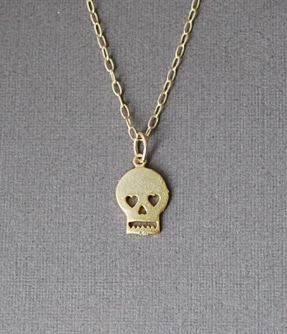 Cute Gold Skull with Heart Eyes Necklace also available in Silver