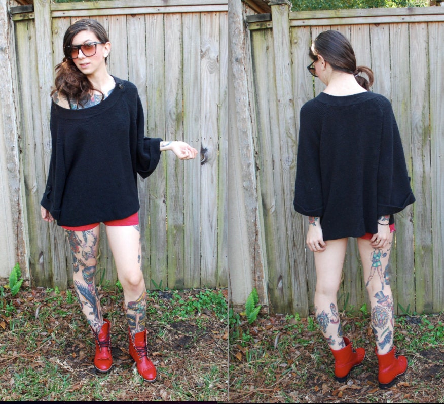 Vintage // Oversized Chunky Slouchy Knit Black Bat Sweater // Grunge 90's Cowl Size L