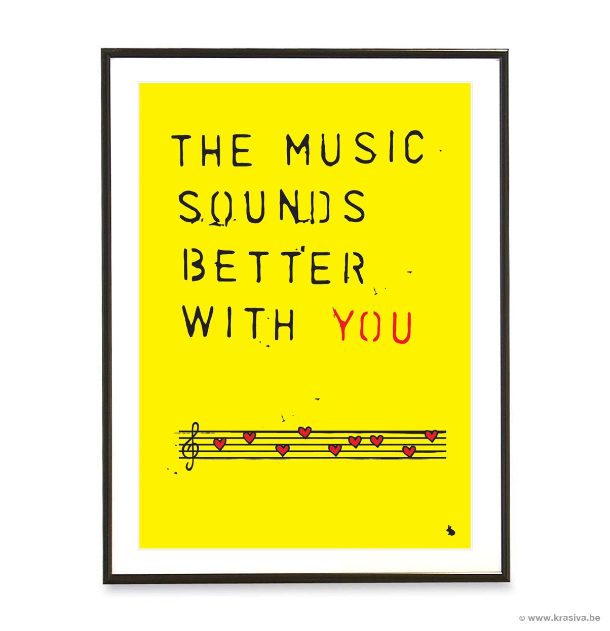 Yellow music quote love hearts typographic pop art poster print - The music sounds better with you - A3