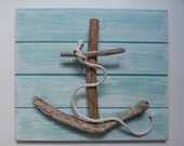 rustic nautical sea green turquoise driftwood anchor art - shabby beach house chic home decor