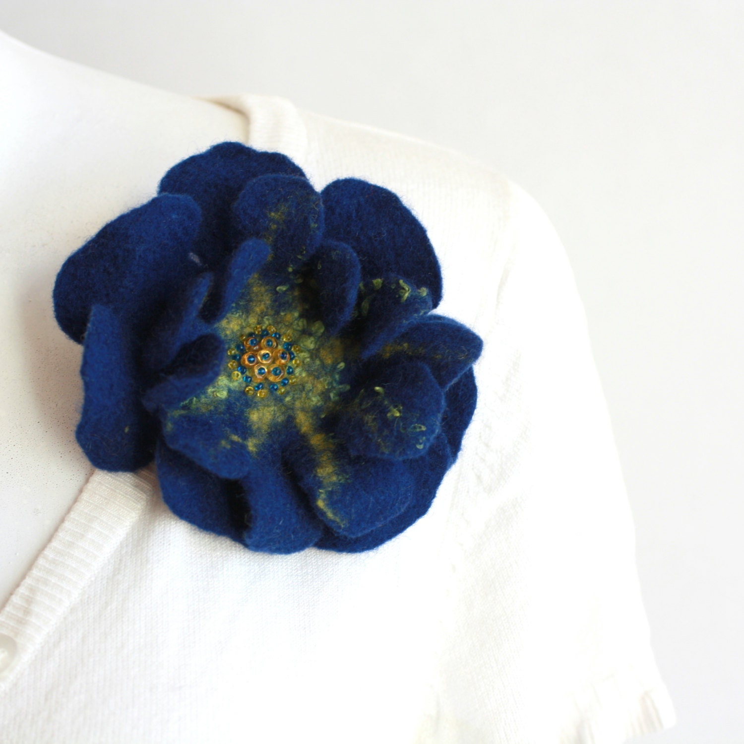 Blue yellow flower brooch - felted flower pin - navy blue hair clip - hair accessories