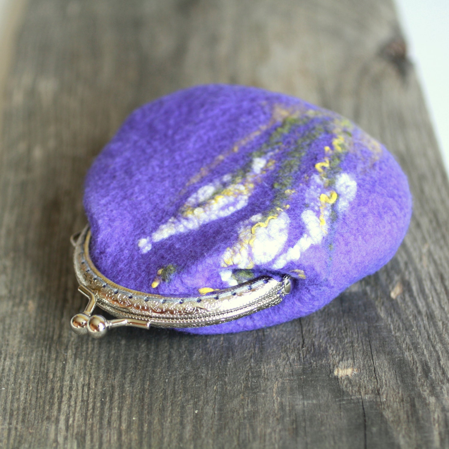 Coin purse - coin pouch - violet with white and yellow flowers felted wool coin purse - ready to ship