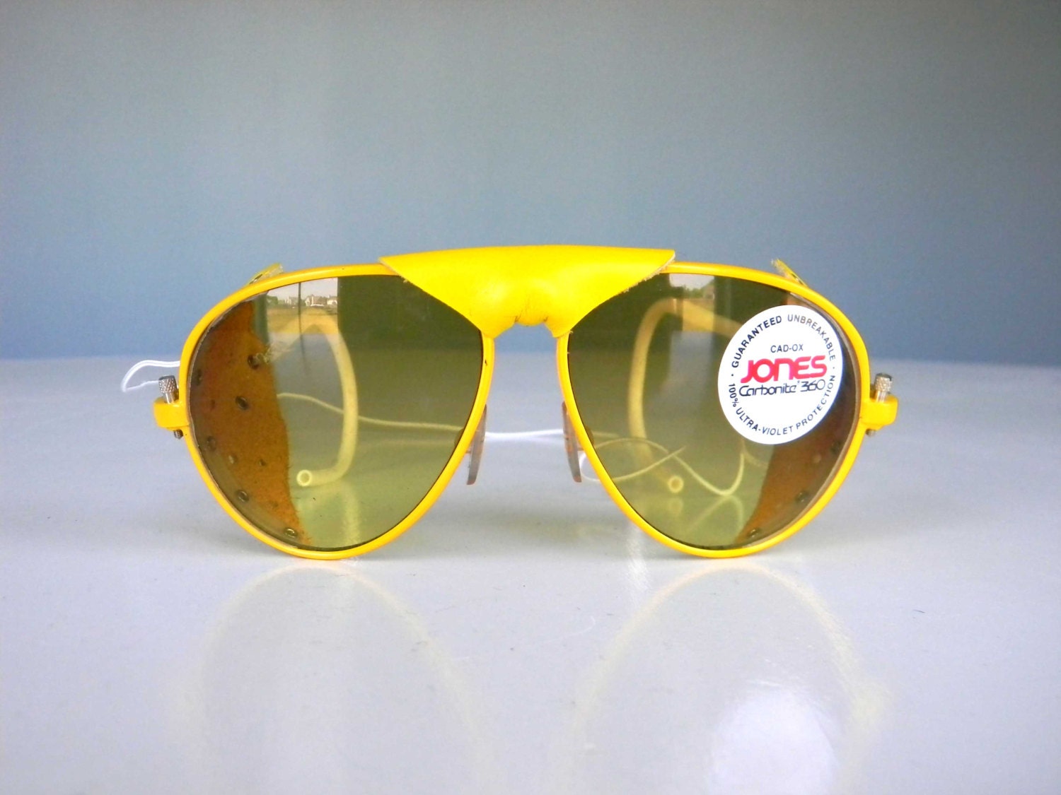 Vintage Aviator Sunglasses - Yellow Jones 1980s Glacier Glasses with Leather Side Shields New Old Stock NOS