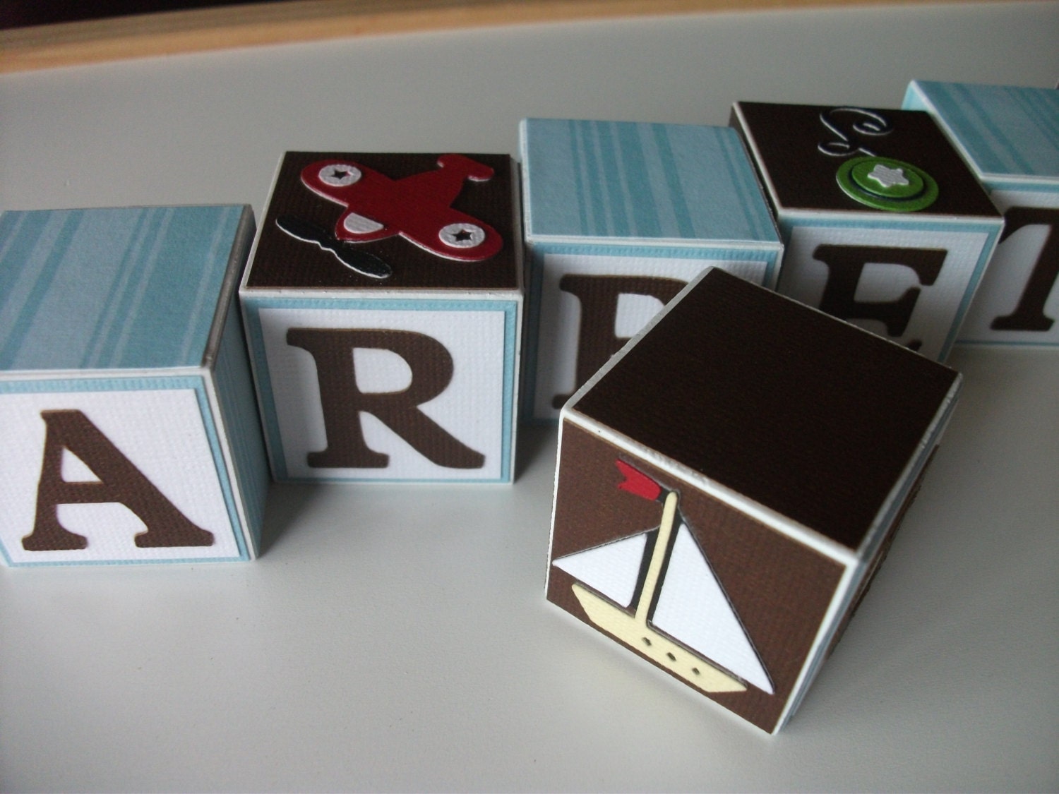 Wooden Name Block Set - Baby Boy - Airplane, Boat, Dump Truck