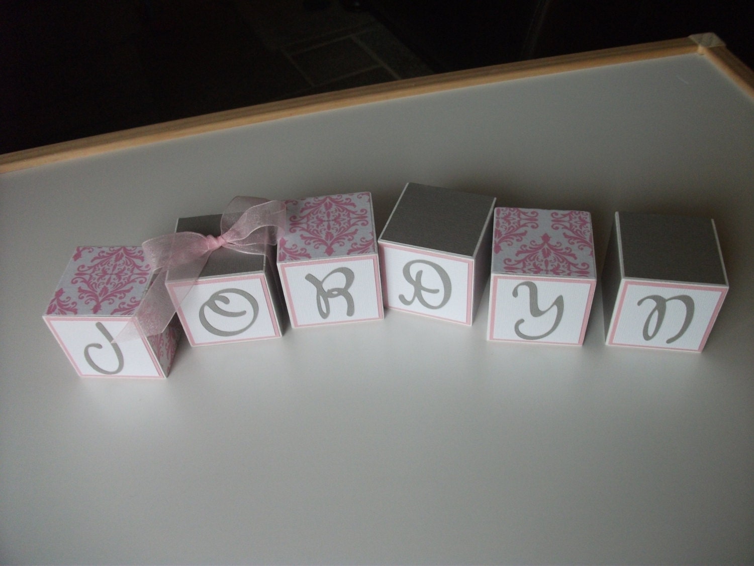 Girl Name Block Set - Pink Damask - Gray