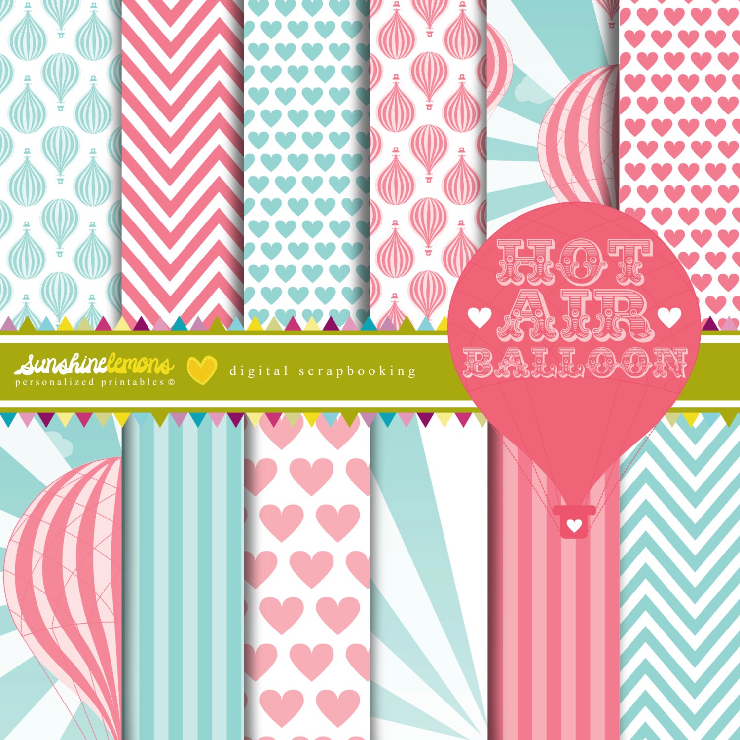 Vintage Hor Air Balloon Digital Papers - Set of 12