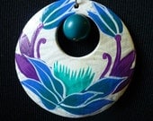 Handpainted Purple and Blue Flowers Pendant Necklace, Handmade from Repurposed Jewelry, Recycle Upcycle