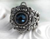 NIGHT SONG Victorian fantasy cocktail ring with aged silver and midnight blue crystal, free gift boxing