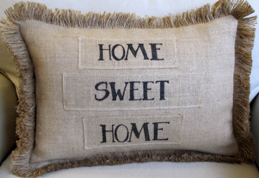 HOME SWEET HOME natural burlap pillow handmade and hand lettered