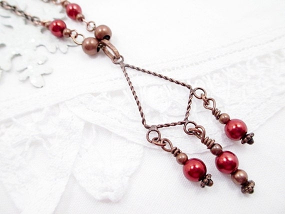 Copper Metal Lariat Red Bead Necklace Beaded Jewelry Upcycled Handmade Victorian Glass Pearl