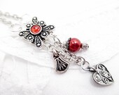 Lariat Necklace Red Bead Necklace Hand Beaded Jewelry Retro Vintage Victorian Heart Charm Glass Pearl