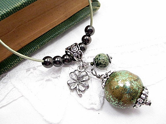 St. Pat's Shamrock Charm Necklace Green Bead Handmade Beaded Jewelry Upcycled Victorian Boho Chic Metallic Silver Gun Metal Jasper