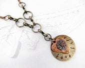 Love Life Lariat Necklace Beaded Jewelry Inspirational Statement Stamped Metal Heart Steampunk Industrial Handmade Brass Metal Victorian