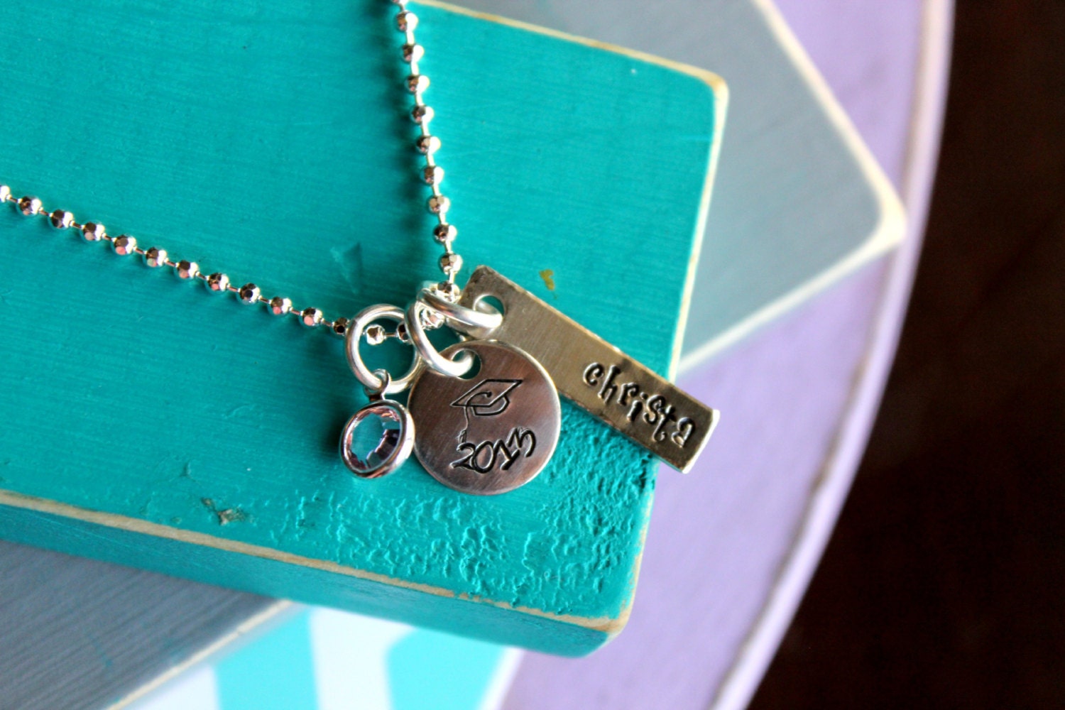 Hand stamped graduation necklace with birthstone