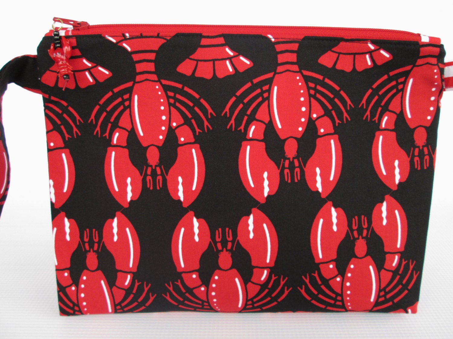 Medium Zippered Wedge Bag - Lobsters on Black, with glass lobster bead zipper pull