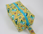 Small Zippered Project Bag - Tossed Checked and Dotted Birds with glass birdhouse bead zipper pull