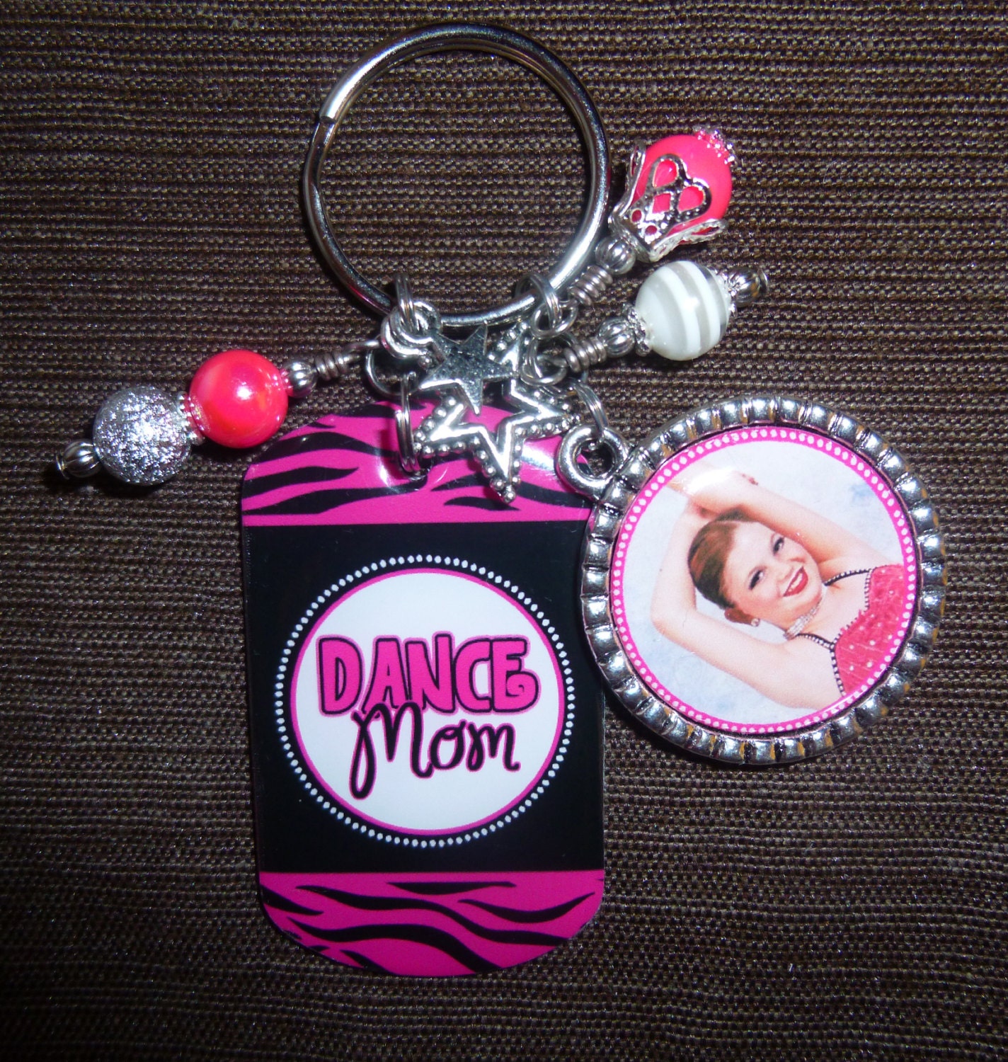 Personalized DANCE or CHEER Mom Key Ring - Bezel Pendant and Dog Tag - FABULOUS Gift - Custom Key Chain Beads and Charms