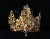 Vintage Bridal Crown, Traditional Indonesian Wedding Ceremonial Headdress, Gold Gilt Metal, Flowers, Exquisite Adornment.