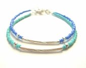 Pretty Blue and Silver Stackable Summer Bracelet, Beaded Friendship Bracelet