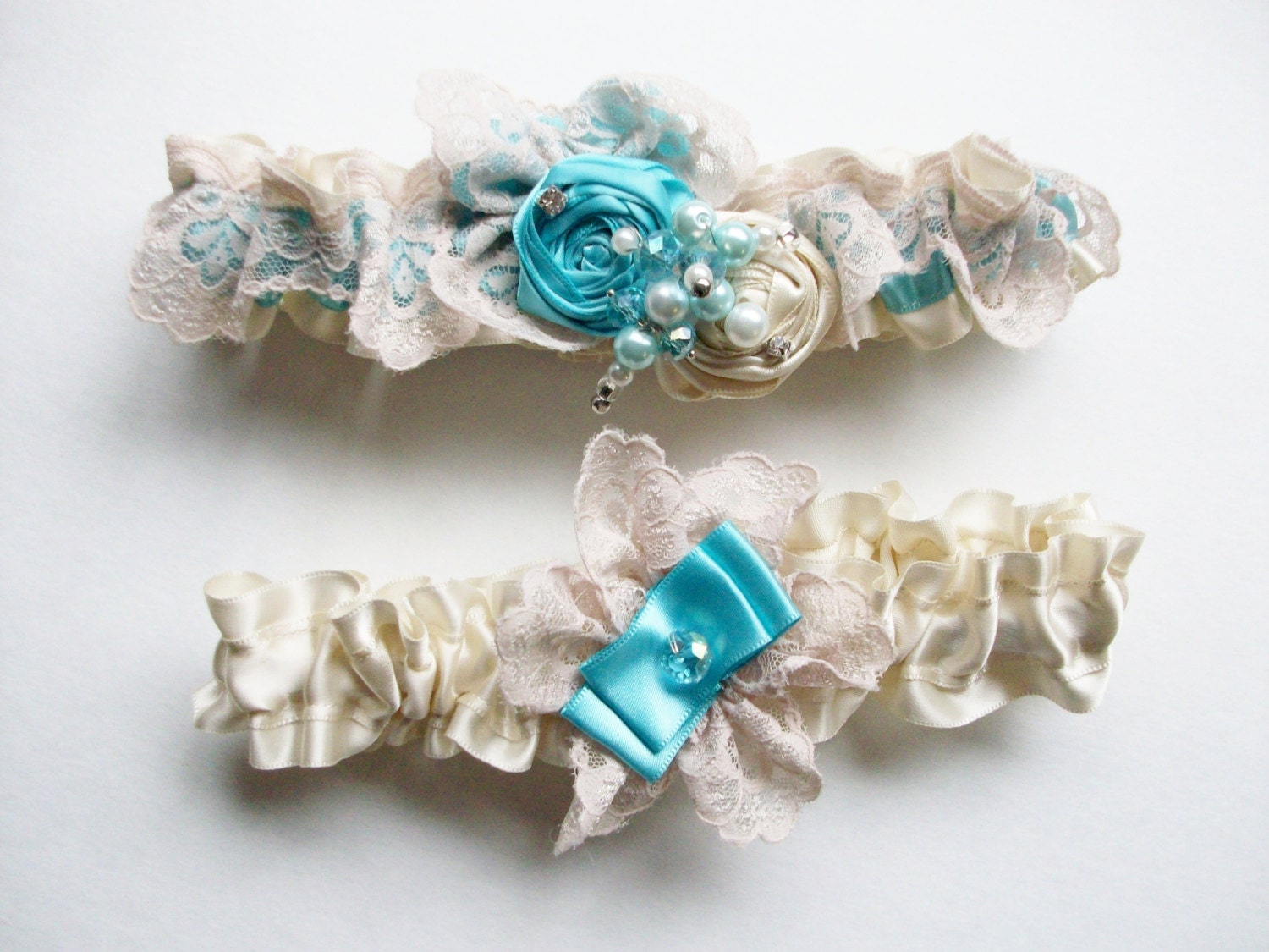 Bridal Wedding Garter and Toss- Vintage Shabby Chic Garter with Pearls and Crystals-Something Blue- Tiffany
