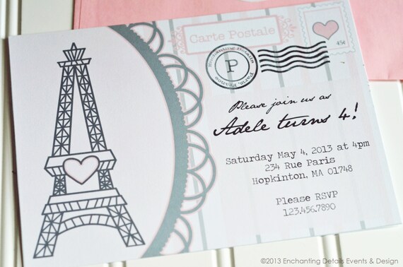 PARIS Printable Postcard Birthday Party INVITATION Enchanting Paris Il_570xn