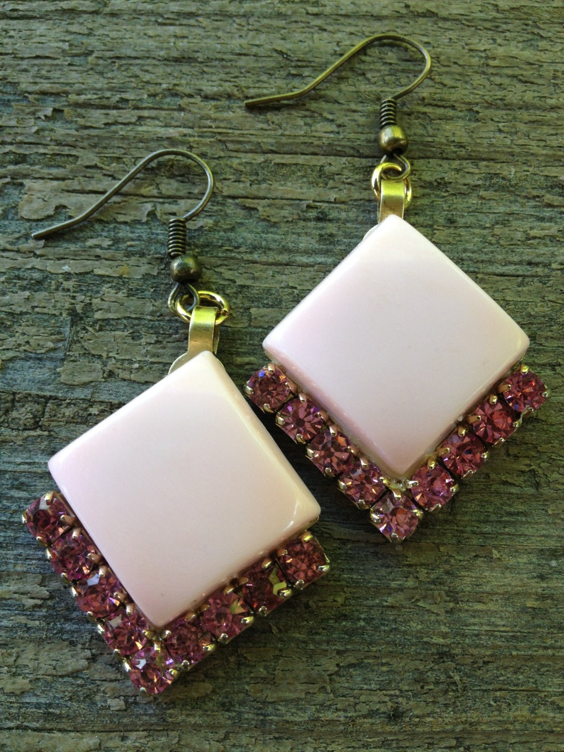 Retro Pink Rhinestone Vintage Chevron Upcycle Recycle Earring Drop Dangle Brass Diamond Shape