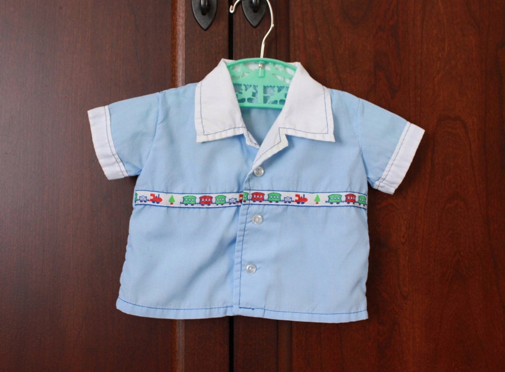 Vintage Handmade Baby Boy Blue Train Collared Shirt - 0-3 months