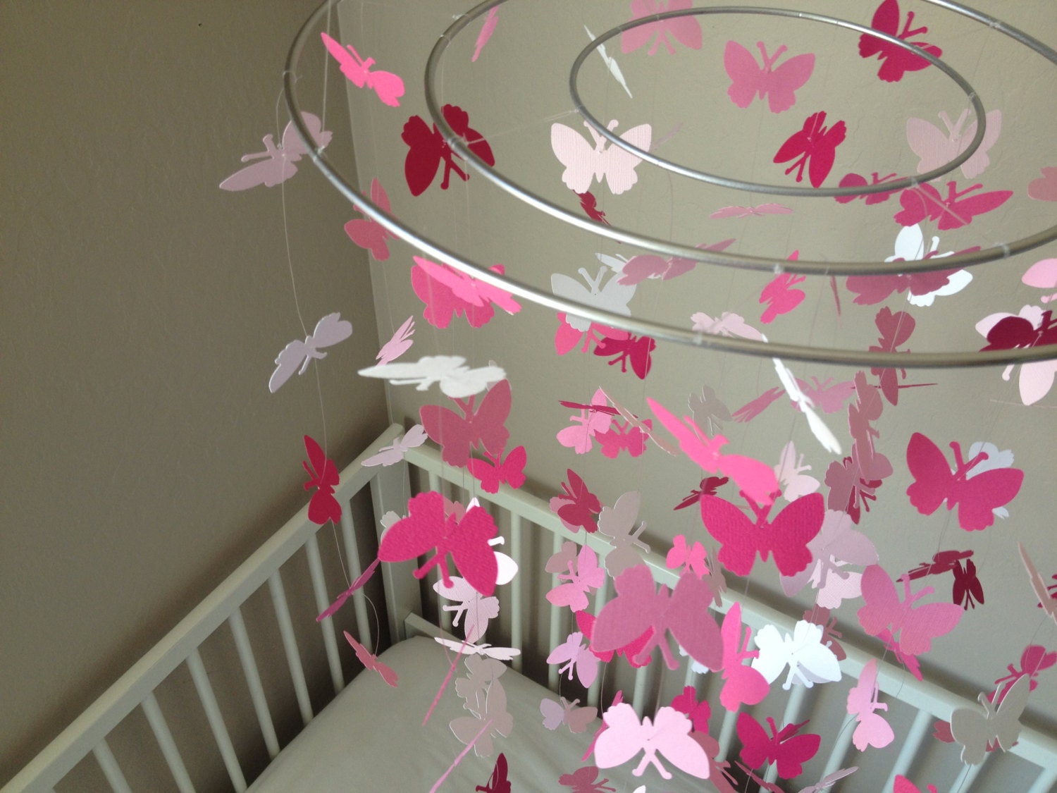 Butterfly baby mobile - 5 shades of pink and white colors