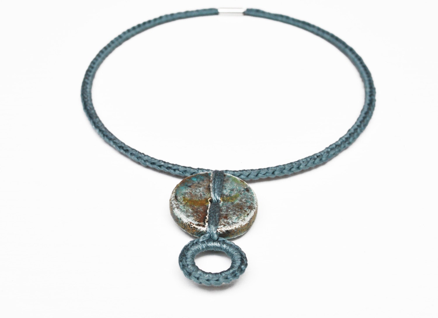 Choker dusk blue crochet ceramic pendant / Cotton necklace italian fashion jewelry / Gift for her / New for spring/ Delicate  summer choker