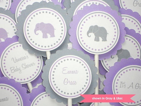 Elephant Cupcake Toppers - Personalized Elephant Party Decorations - Colors and Text Customizable Il_570xn