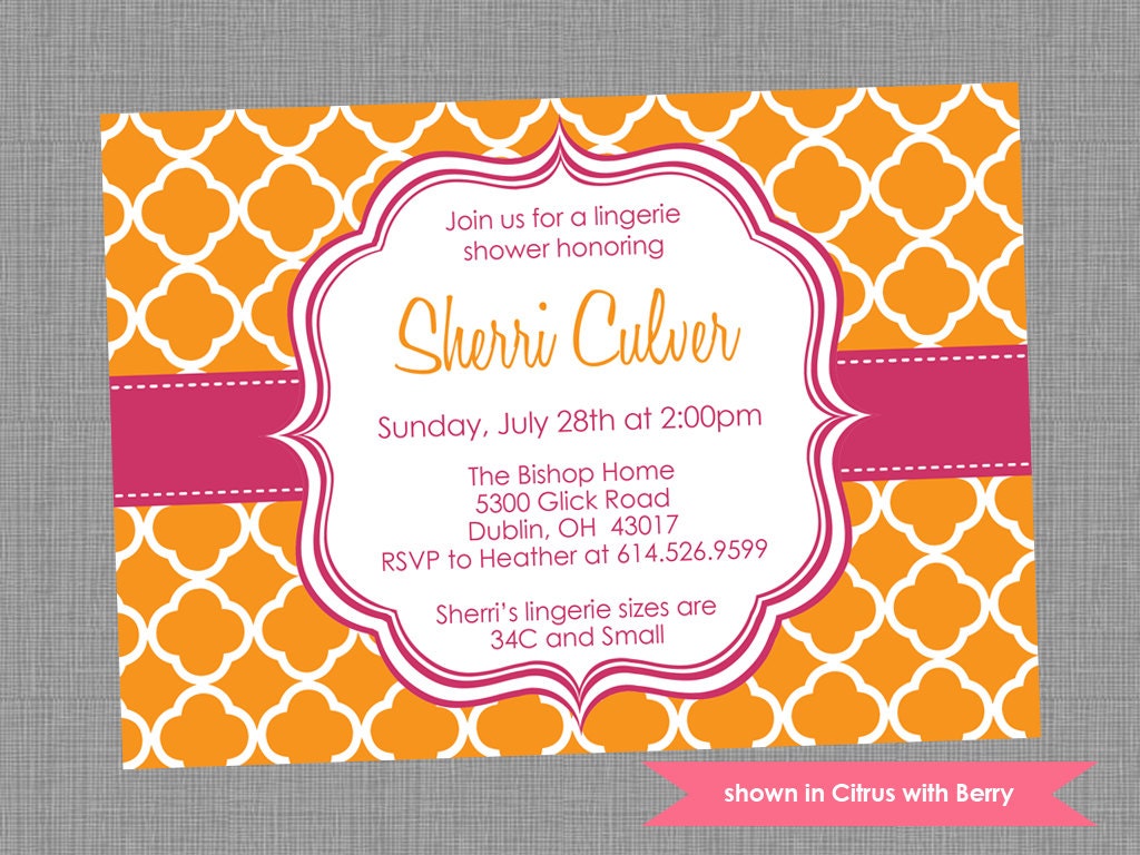 Printable Lingerie Shower Invitation - Shower Themed Quatrefoil Invite - Colors and Text Customizable Il_570xn