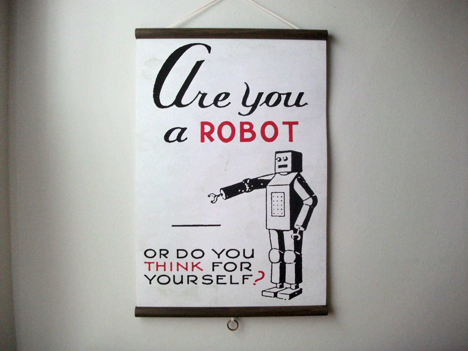 Pull Down Educational Chart Vintage Style Wall Hanging Canvas Poster Print with Stained Wood Trim - Are You A Robot (17"x25")