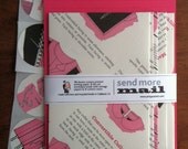 Set of five die cut lined envelope, 10 sheets custom ruled paper, custom seals.