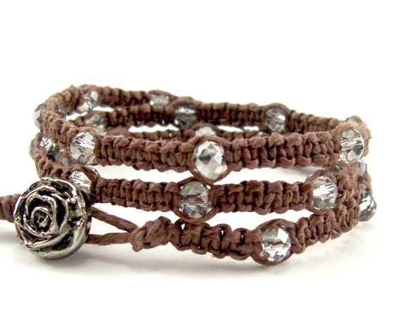 Hemp Wrap Bracelet - cobra snake stitch knot - faceted smoke crystalline on chocolate hemp - MADE TO ORDER
