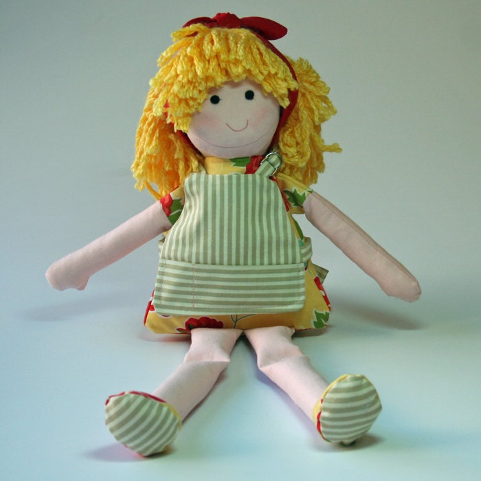Eco friendly rag doll, has bamboo yarn hair and is stuffed with bamboo fiber