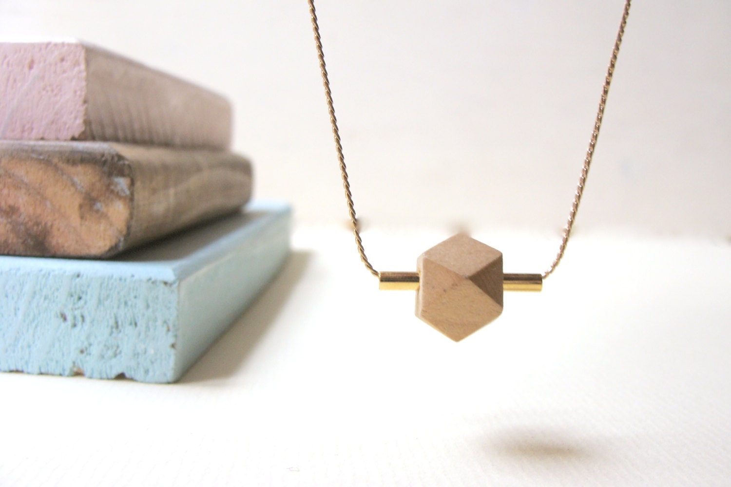 Geometric necklace, wood polyhedron and golden tube. Minimal necklace, geometric jelwery. Wood necklace