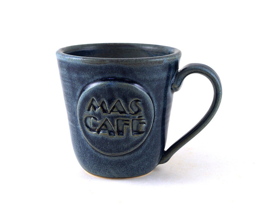 Ceramic Mug:  Unique Blue "Mas Café" ("More Coffee" in Spanish) Pottery Mug Great Gift for Him or Her by MiriHardyPottery