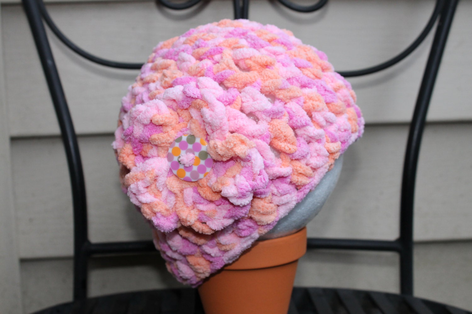Toddler Chunky Pinky Peachy Beanie with Button Flower Toddler size 12 months to 3 years old